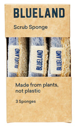 A box of Blueland Sponges 3-pack displays three plant-based kitchen sponges with BLUELAND on their twine bands. The brown paper packaging reads “Made from plants, not plastic” and “3 Sponges.”.