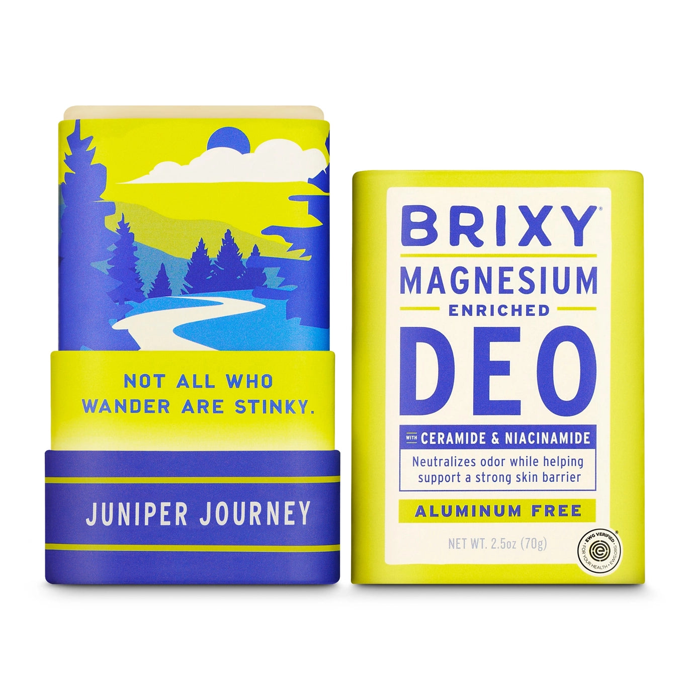 Two Brixy Deodorant Tubes in the Juniper Journey scent, each featuring a scenic nature illustration and the phrase “Not all who wander are stinky.” This plastic-free deodorant from Brixy is also baking soda-free, making it an ideal choice for sensitive skin.