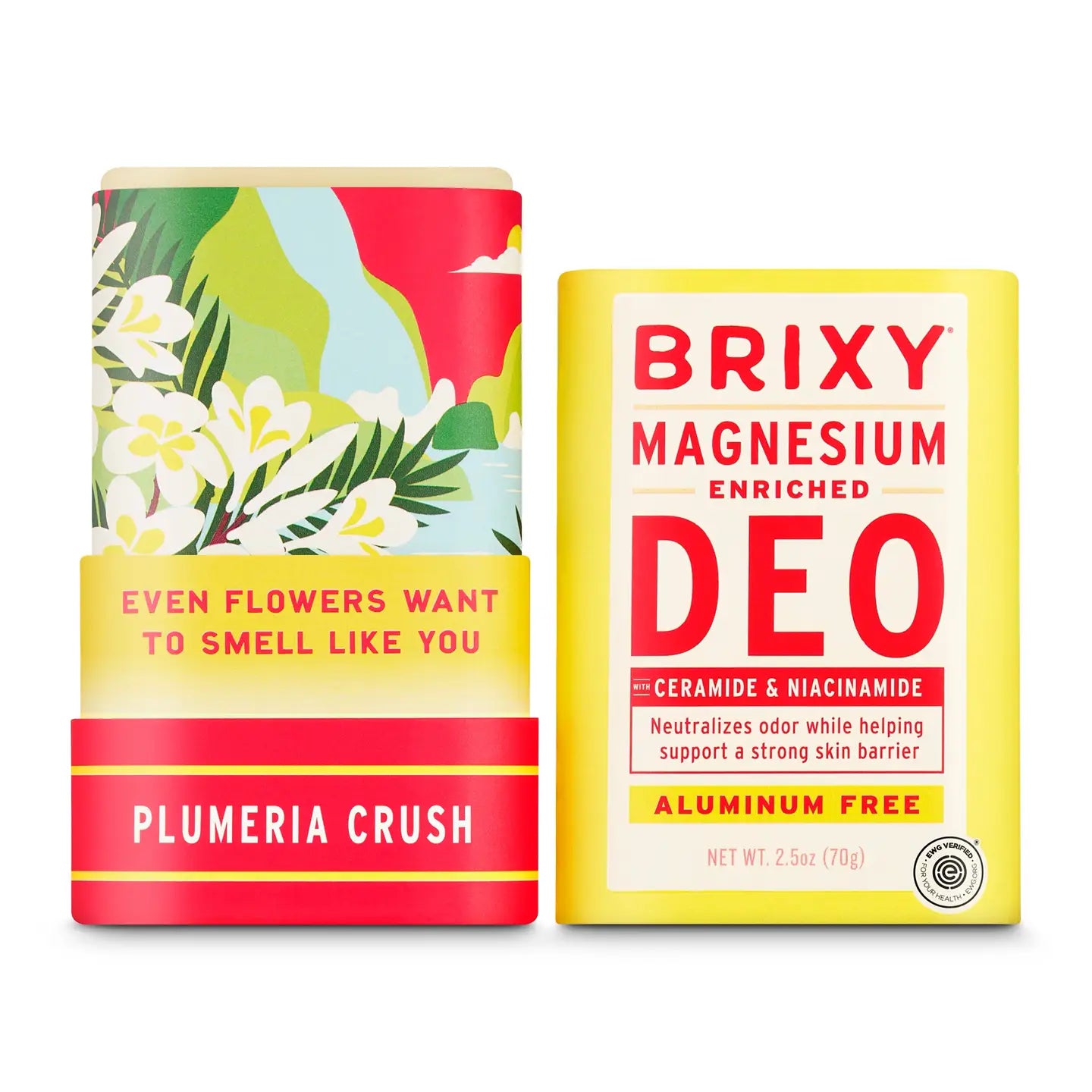 Two Brixy Deodorant Tubes: one featuring floral art and the Plumeria Crush scent, the other yellow with BRIXY Magnesium Enriched DEO branding—both are sensitive skin deodorant options from Brixy, formulated to be aluminum-free, baking soda-free, and focused on gentle yet effective odor neutralizing.