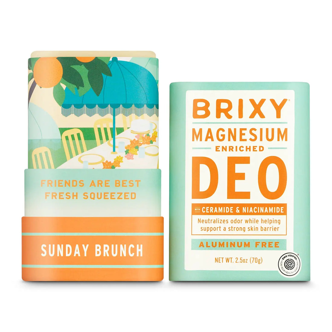 Experience gentle, everyday protection with two Brixy Deodorant Tubes in the Sunday Brunch scent. Each features pastel packaging adorned with a delightful brunch scene and is specially formulated for sensitive skin. Enriched with magnesium, ceramide, and niacinamide, this deodorant from Brixy is aluminum free—ideal for those seeking effective yet gentle care.