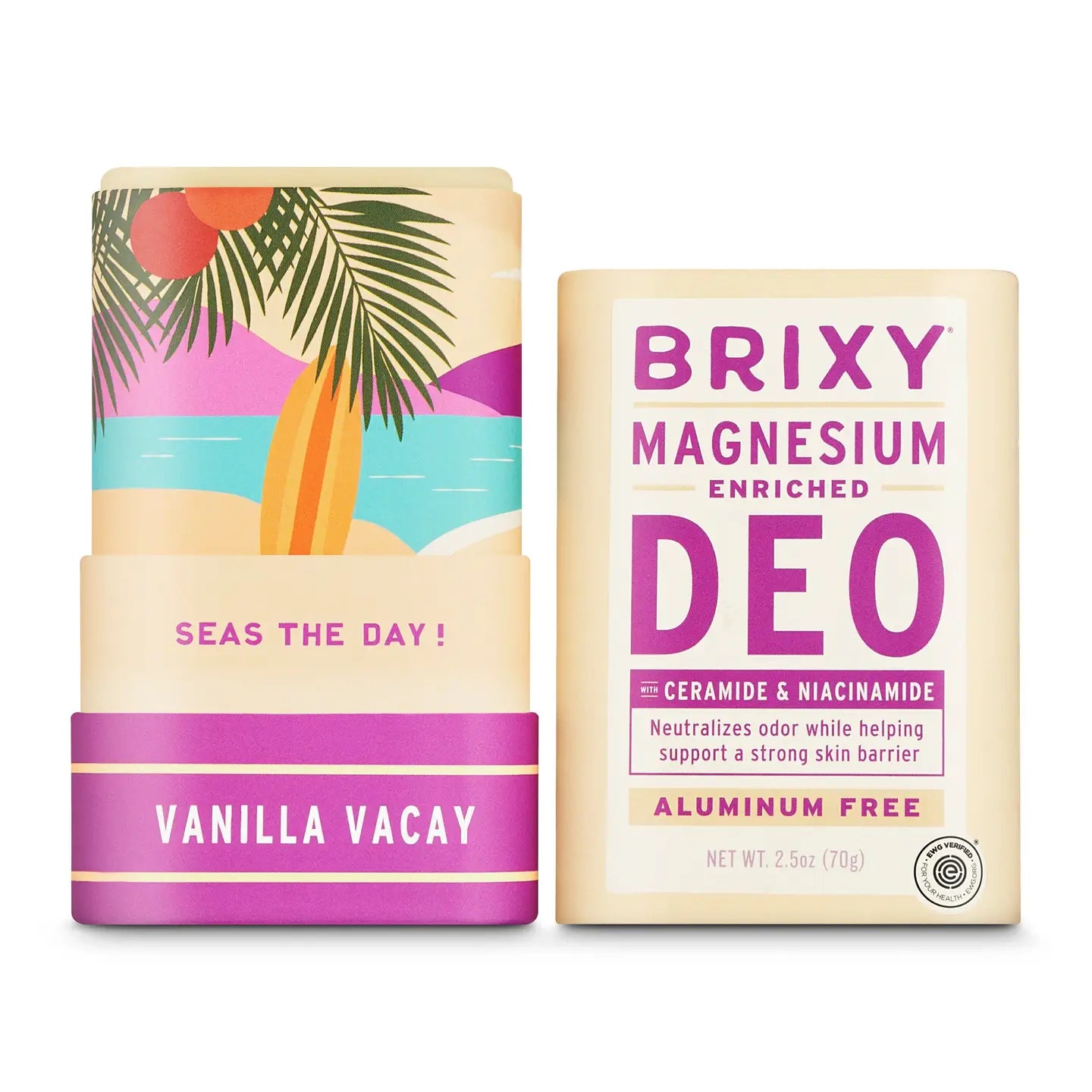 Two Brixy Deodorant Tubes are shown: one open, revealing the uplifting “SEAS THE DAY!” message and the VANILLA VACAY scent with a beach-themed design; the other closed and labeled BRIXY Magnesium Enriched Deo, Aluminum Free, in Vanilla Vacay. This baking soda-free deodorant from Brixy is ideal for sensitive skin and comes in a plastic-free tube for an eco-friendly choice.