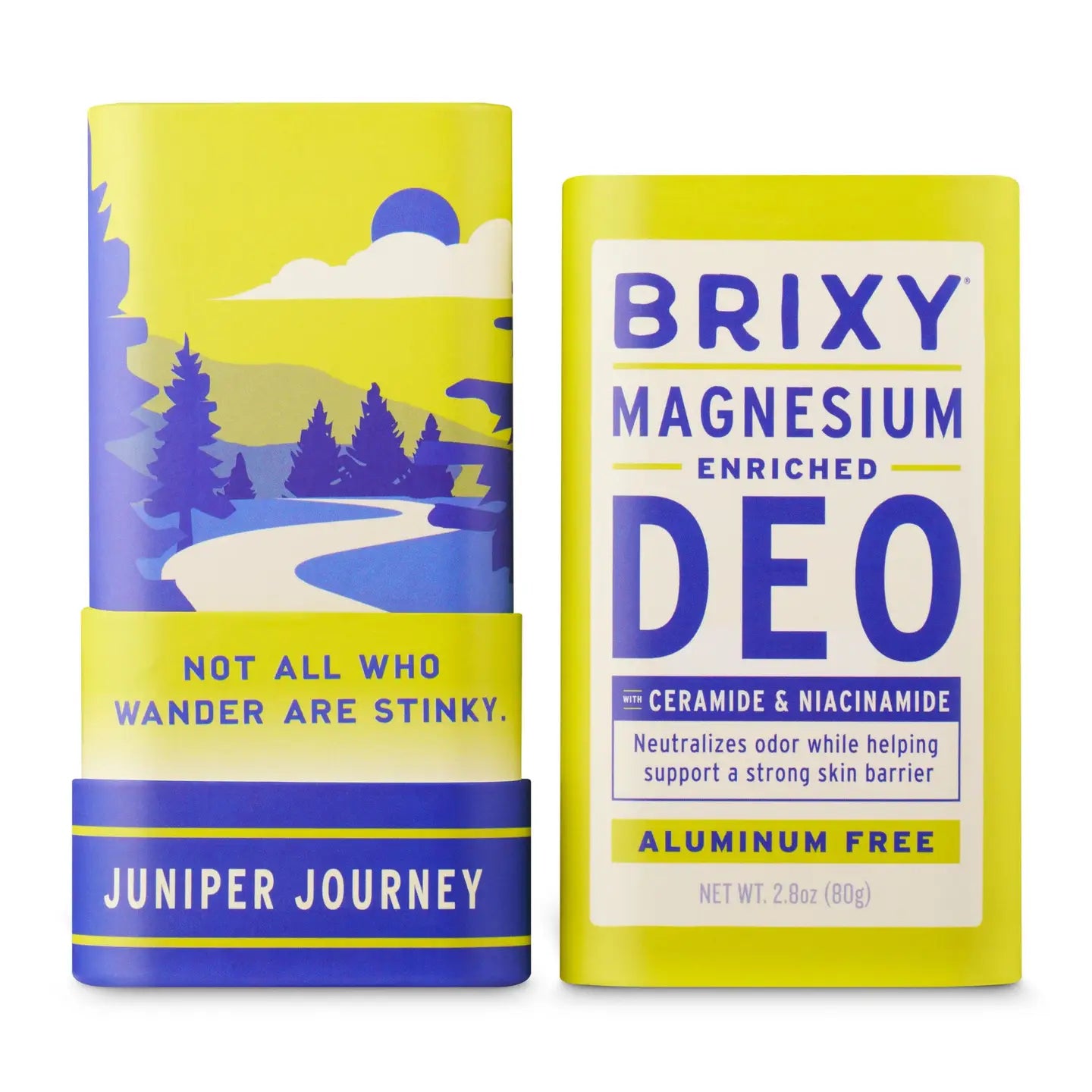 Two Brixy magnesium enriched deodorant packages with nature-themed design on a white background