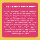 Text explaining the difference between Tiny Tunnel deodorant and plastic waste on a pink background.