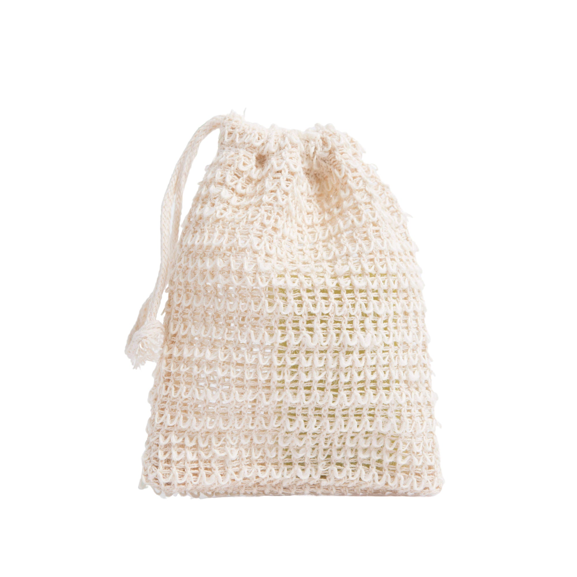 The No Tox Life Soap Saver Bag, a small cream woven mesh drawstring pouch ideal for saving soap and as a natural soap holder, stands upright against a white background.