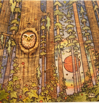 Inspired by Fay Helfer, this greeting card by Fay Helfer features a whimsical owl in a vibrant sunset forest, with ivy and a bold red sun. Perfect for sending unique local art from the Artist Fay Helfer Greeting Cards collection.