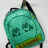 Green backpack with frog design and text on a white background