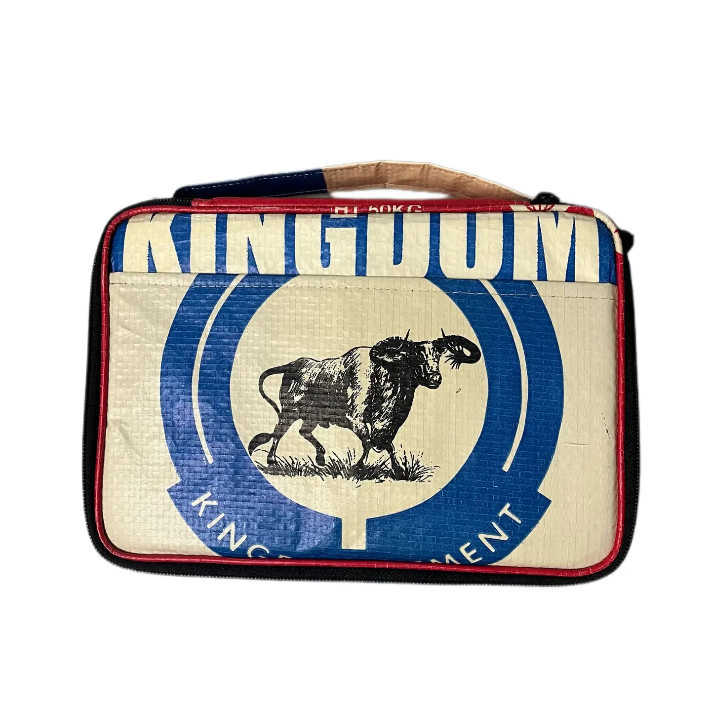 The Cement6 Lunch Box is a rectangular, artisan-made insulated bag with black edges, featuring a blue and white buffalo in a circular emblem and the word "KINGDOM" across the top—ideal for everyday use.
