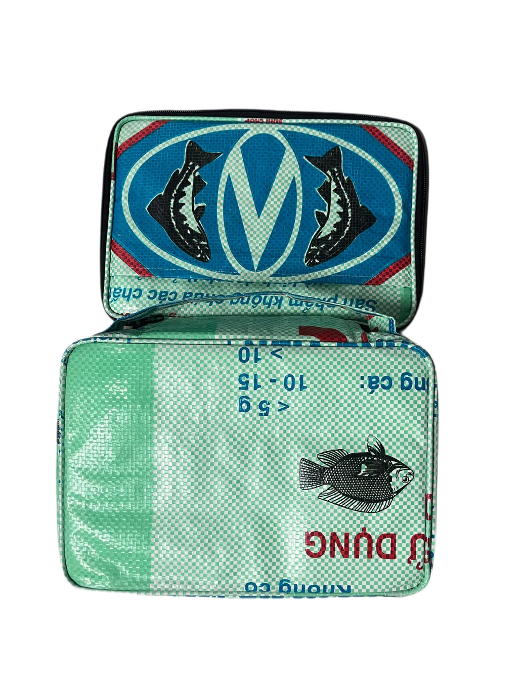 Fishing lure packaging with visible branding and measurements on a white background