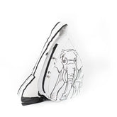 White bag with black elephant design on a white background
