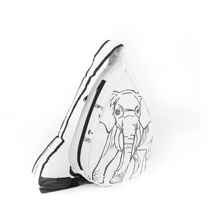 White bag with black elephant design on a white background
