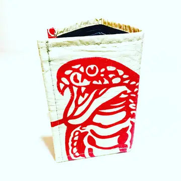 White wallet with red snake design on a white background