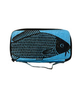 Blue pouch with a black fish design on a white background