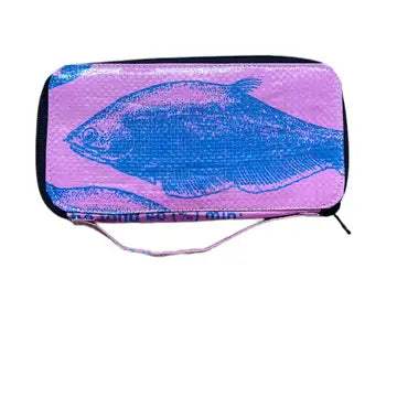 Rectangular clutch with blue fish design on a pink background