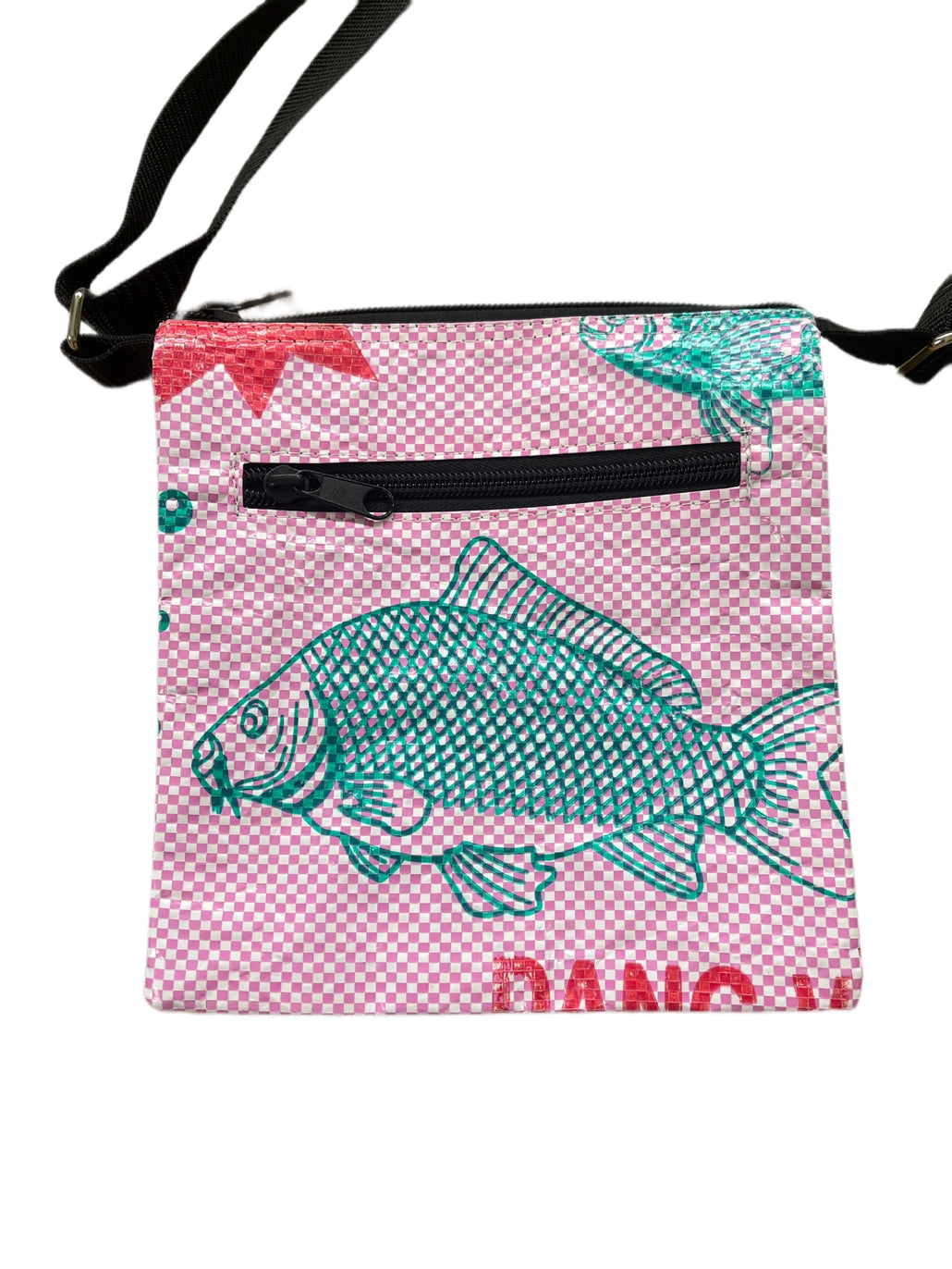 Pink pouch with fish design and black zipper on a white background