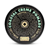 Round black lid labeled “Cream Pomade - Light Hold”—an organic styling cream by Curch California—with “Soft Finish” and descriptive text in a circle, featuring a geometric center design and the brand name at the bottom.
