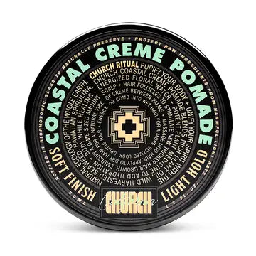 Round black lid labeled “Cream Pomade - Light Hold”—an organic styling cream by Curch California—with “Soft Finish” and descriptive text in a circle, featuring a geometric center design and the brand name at the bottom.