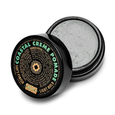 An open black container of Curch California Cream Pomade - Light Hold reveals light gray cream inside. The label features Soft Finish and Light Hold in green, gold, and white, centered by a cross logo.