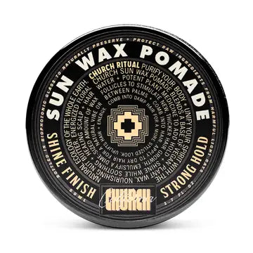 A round black container of Curch California Sun Wax Pomade - Strong Hold features gold and white text on the lid highlighting its shine finish, strong hold, branding, and usage instructions.