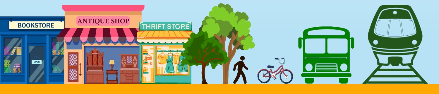 Illustration of a street scene with an antique shop, bookstores, trees, people, a bicycle, a bus, and a train.