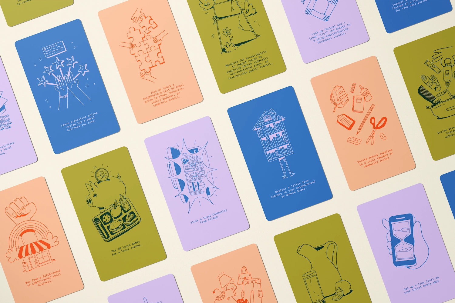 Colorful cards with illustrations and text on a light beige background