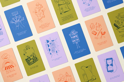 Colorful cards with illustrations and text on a light beige background