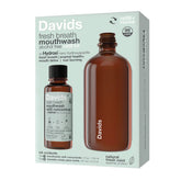Davids fresh breath mouthwash refill kit packaging with brown bottle on light green background