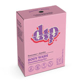 A pink box of Dip Body Wash Bars by Dip in rosewater and jasmine scent, featuring white and purple text and symbols, net weight 5.8 oz (164 g).
