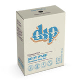 A beige box of Dip Body Wash Bars by Dip, 5.8 oz, with blue and beige text plus sustainability and cruelty-free icons displayed on the lower front of the eco-friendly packaging.