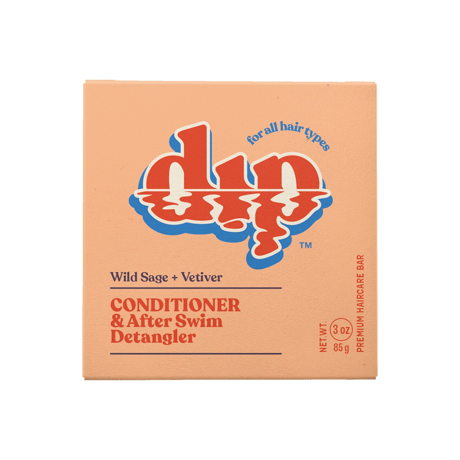 Dip Conditioner Bar by Dip comes in a peach-colored box with bold "dip" text and features Wild Sage + Vetiver. This 3 oz (85 g) solid bar detangles, protects from UV, and works as a conditioner and after-swim detangler for all hair types.