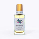 dip hair and body dry oil in a clear bottle with gold lid-mimosa sandalwood