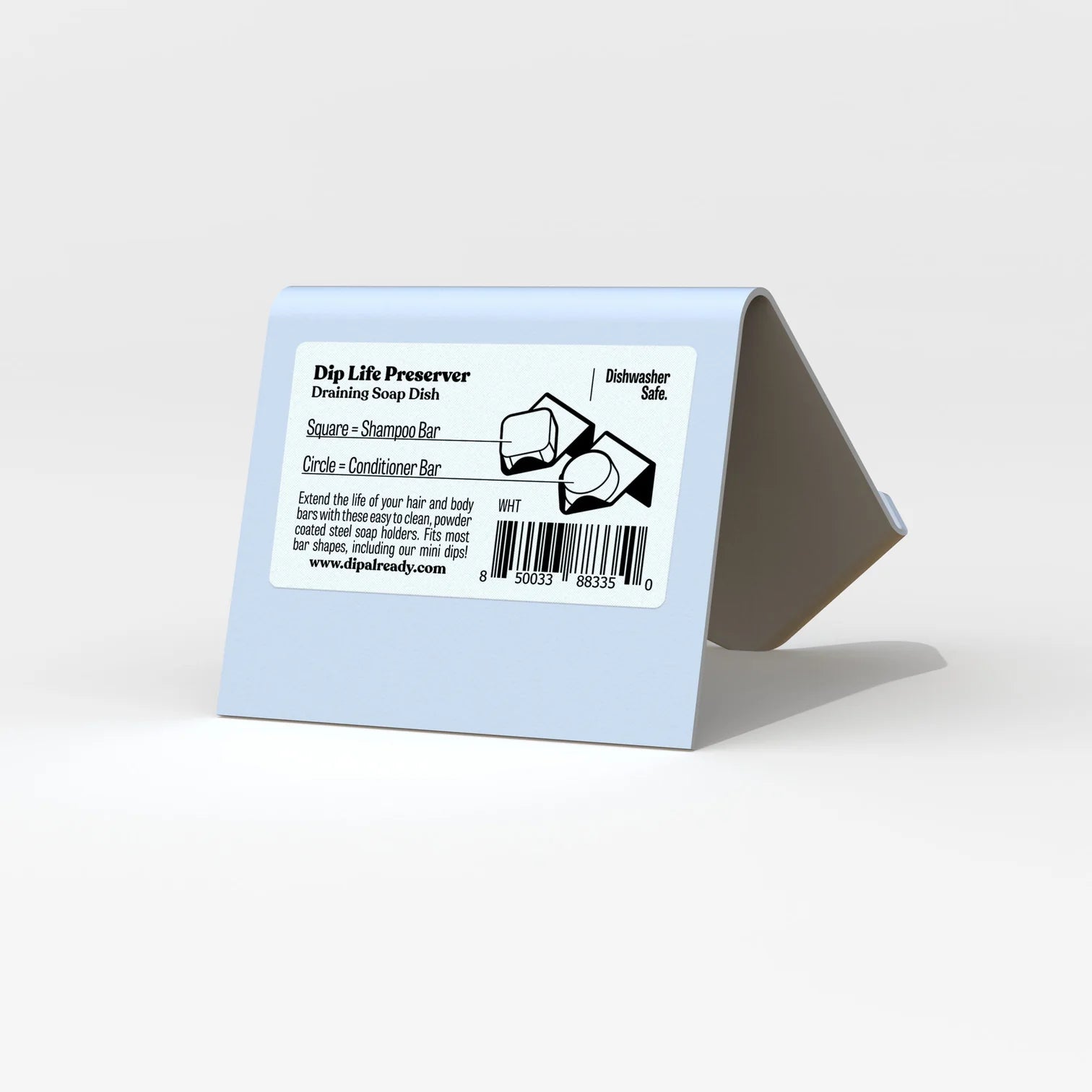 A tent-shaped, light blue, durable Dip Life Preserver Draining Soap Dish features a label with shampoo bar (square) and conditioner bar (circle) icons, noting it&