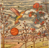 A colorful hummingbird hovers near an orange flower below a rust-red sun, with red-budded trees along a winding path. This warm, artistic scene appears on Artist Fay Helfer Greeting Cards by Fay Helfer.
