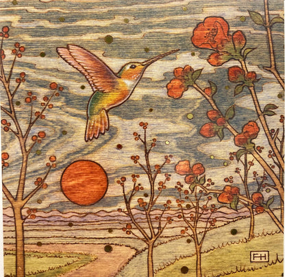 A colorful hummingbird hovers near an orange flower below a rust-red sun, with red-budded trees along a winding path. This warm, artistic scene appears on Artist Fay Helfer Greeting Cards by Fay Helfer.