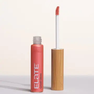 Lip gloss with wooden applicator and pink shade on a white background
