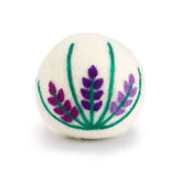 Round white dryer ball with lavender design on a white background