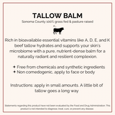 Product description of tallow balm with a cow icon and text about its benefits and usage.