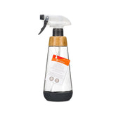 clear spray bottle with black accents and bamboo