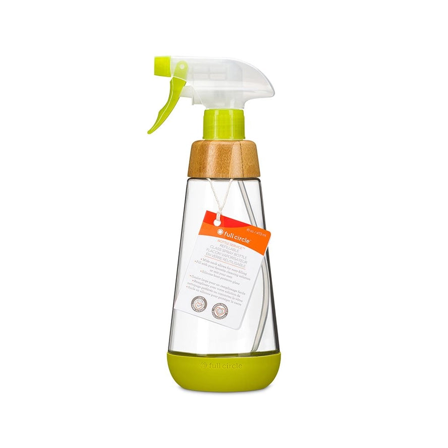 clear spray bottle with green accents and bamboo
