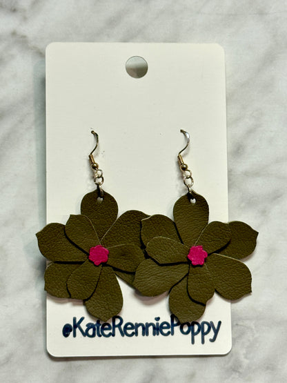 Olive green Flower-shaped earrings on a card with &