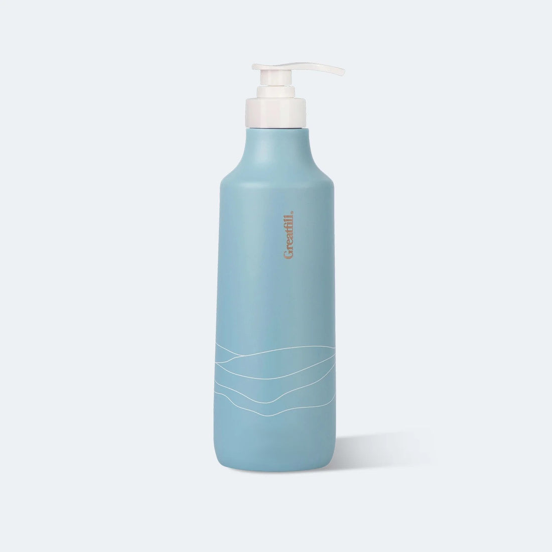Blue bottle with pump on a light gray background
