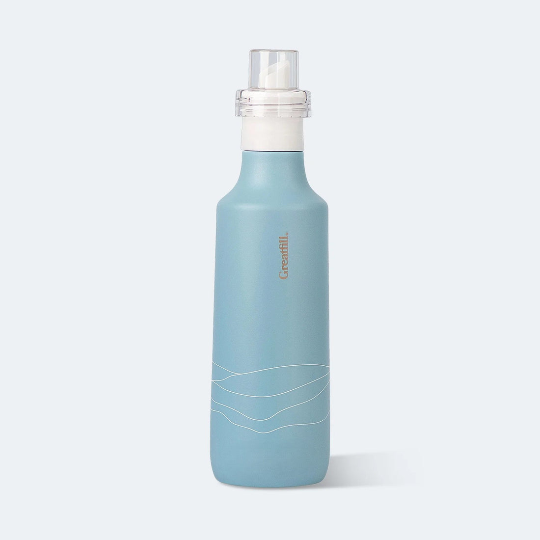 Blue water bottle with white cap on a light gray background