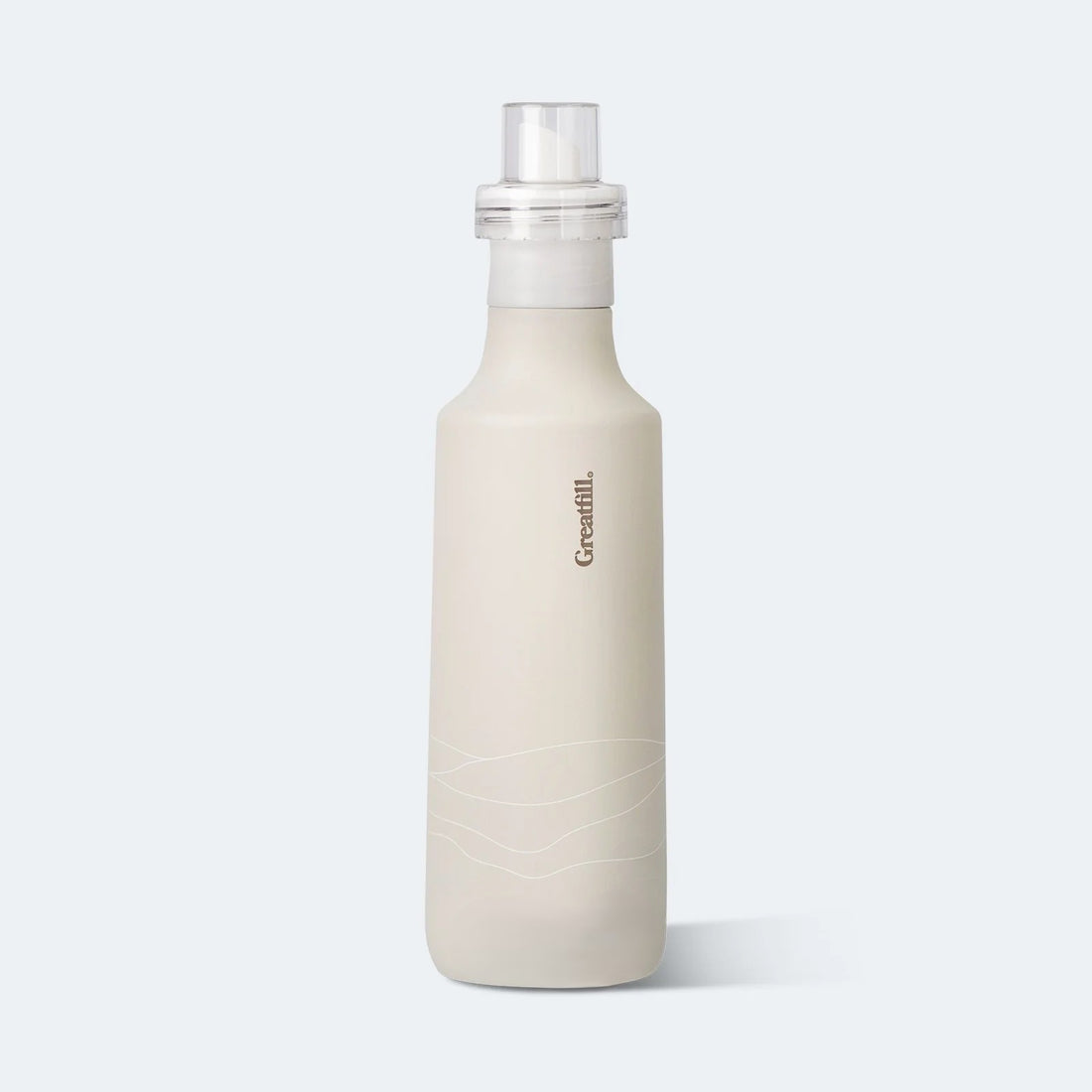 Beige water bottle with silver cap on a white background