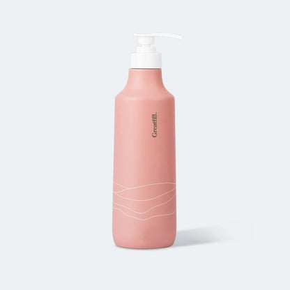 Pink bottle with pump on a light gray background