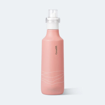 Pink water bottle with a silver cap on a light gray background