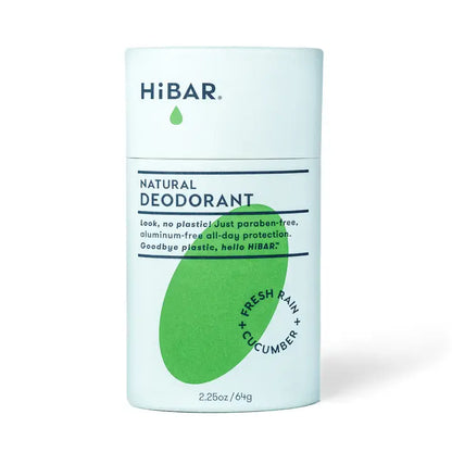 HiBAR natural deodorant in scent fresh rain container on a white background