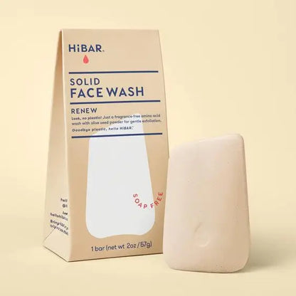 HiBAR solid face wash packaging and bar on a beige background