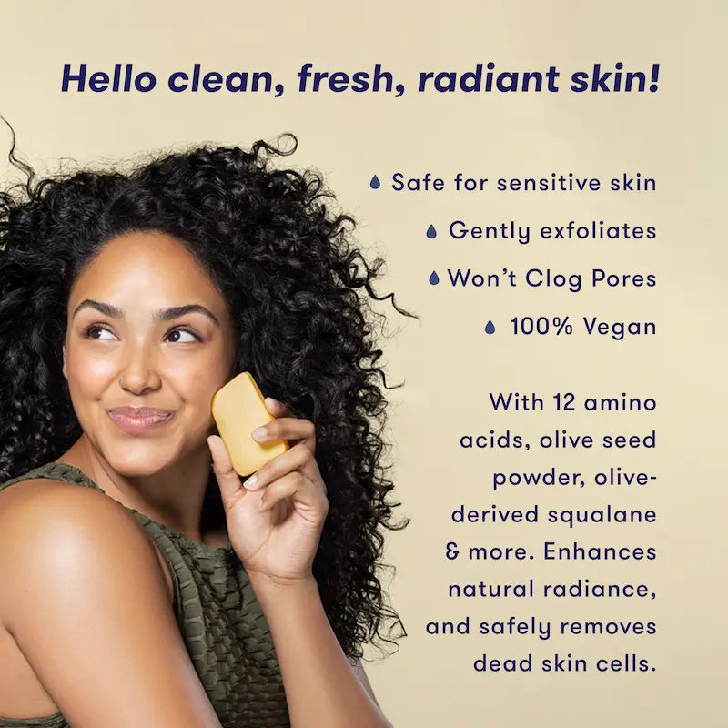 Woman holding a bar of hibar soap with text about skin care benefits on a beige background