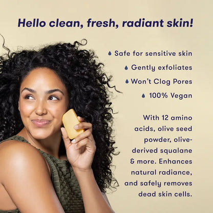 Woman holding a bar of hibar soap with text about skin care benefits on a beige background