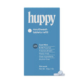 Blue packaging of huppy mouthwash tablets refill on a white background