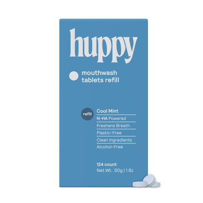 Blue packaging of huppy mouthwash tablets refill on a white background